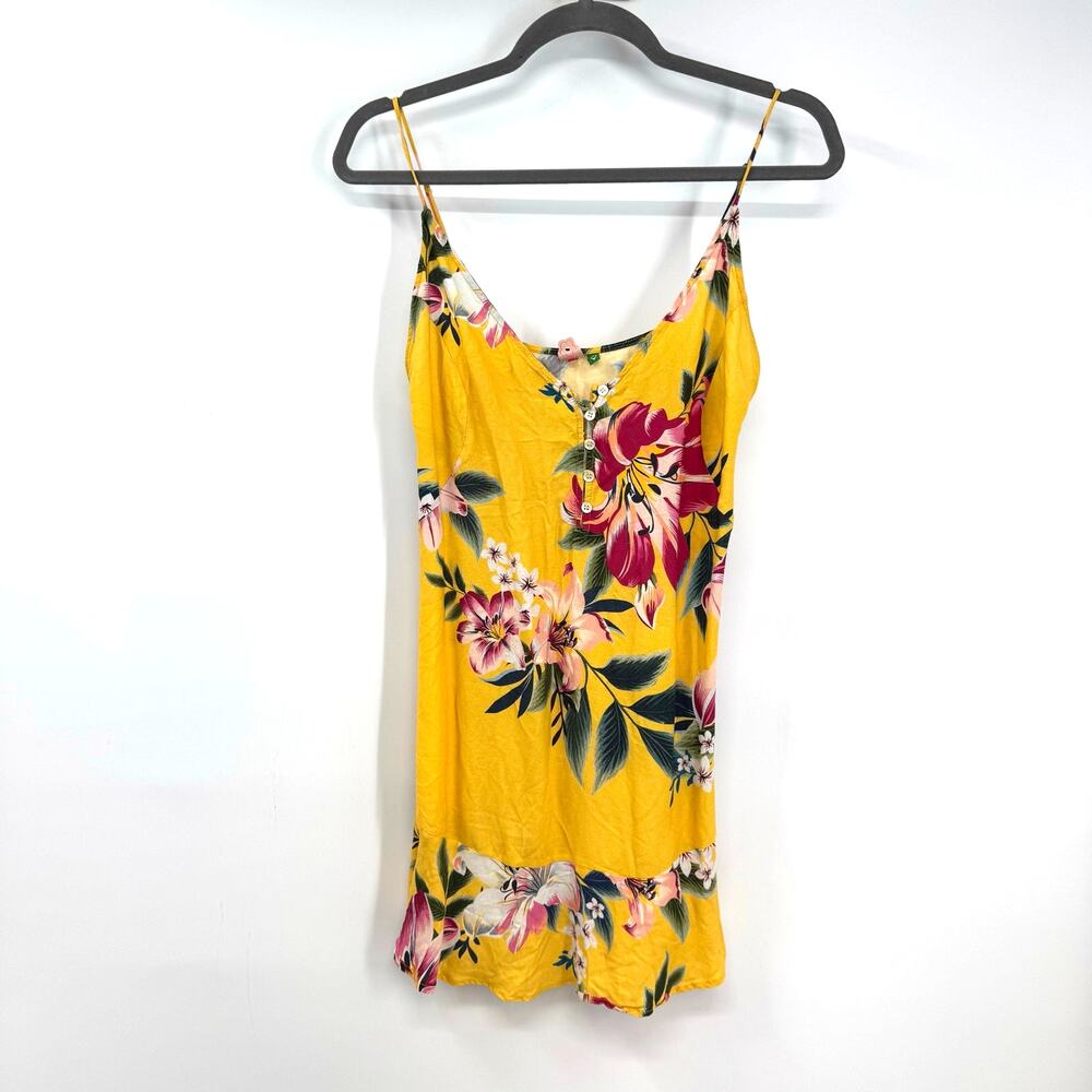 Farm Rio Mini Slip Dress XS Yellow Hawaiian Floral Ruffle Beachy Resortwear FLAW